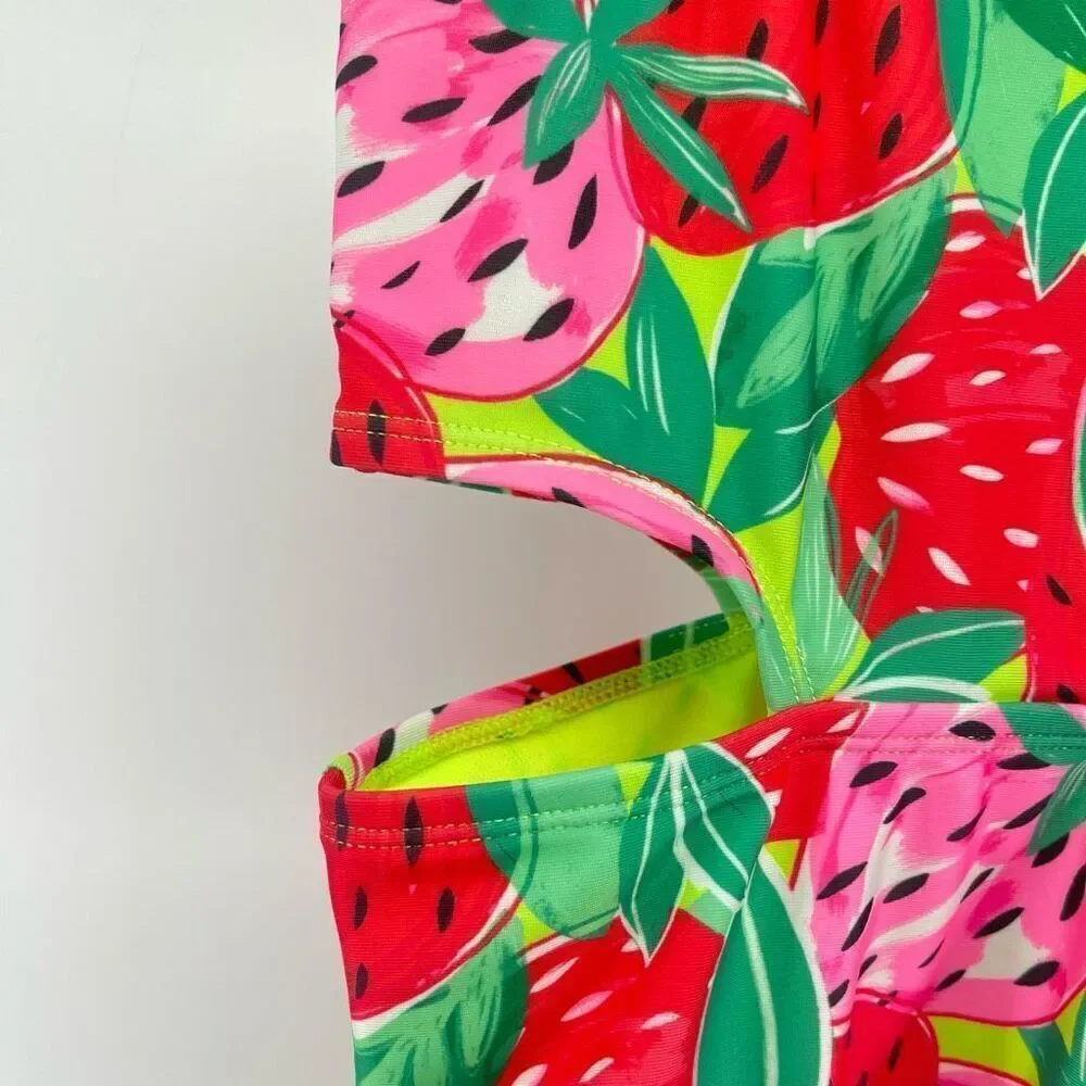 Cat & Jack Girls Pink Sweet Strawberry Print Ruffle Strap Cutout Swimsuit XS 4/5